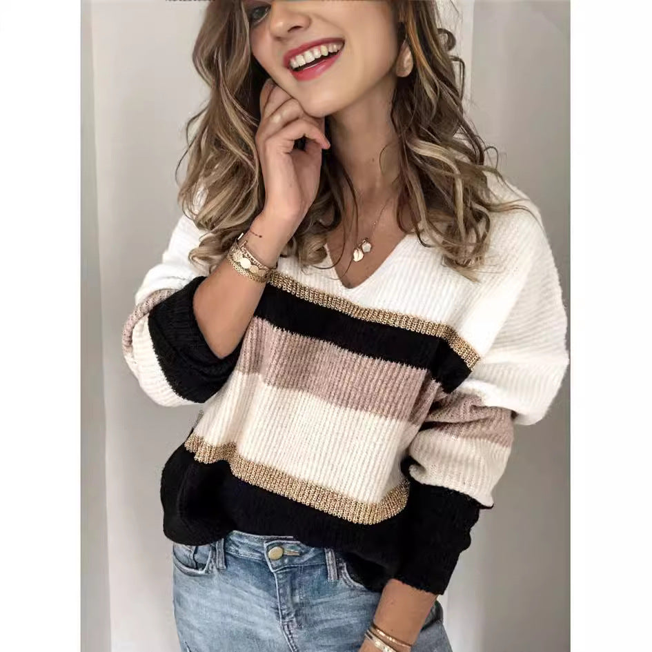 Dame Grovstrik sweater med V-hals og fashionable blokstriber Stilla