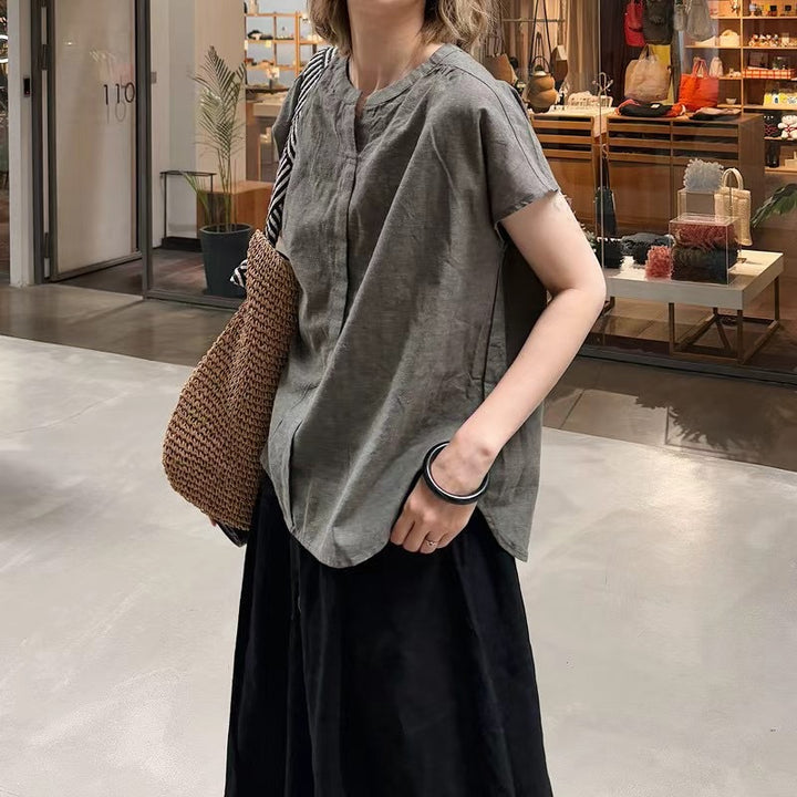 Femme Relaxed Fit Korte Ærmer Button-Up Linned Top Stilla