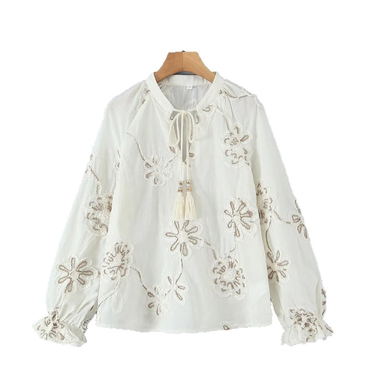 Damer Elegant Broderet Bluse med Flæser Stilla