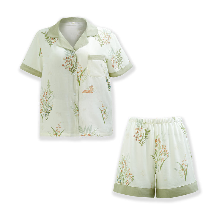 Dame Kortærmet Pyjama-Sæt med blomsterprint og elegant Knopliste Stilla