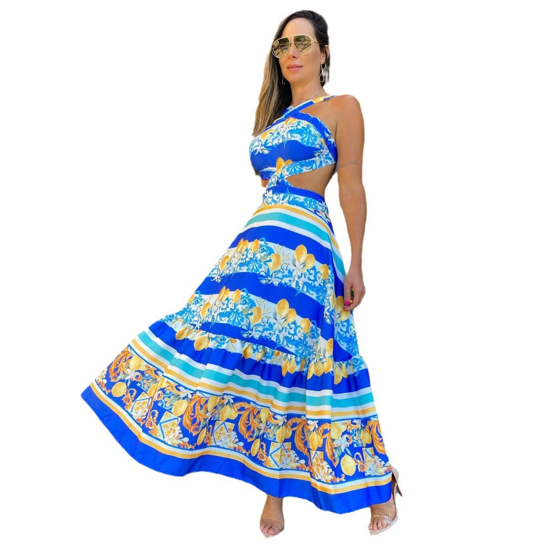 Dame Maxikjole med kreativ asymmetrisk snit og farverigt floralt design Stilla