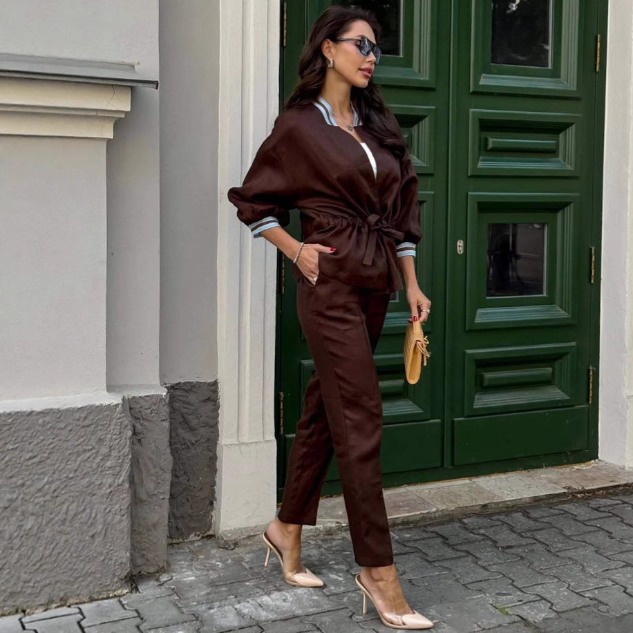 Dame elegant og afslappet satin sæt med figursyet top og bindebælte Stilla