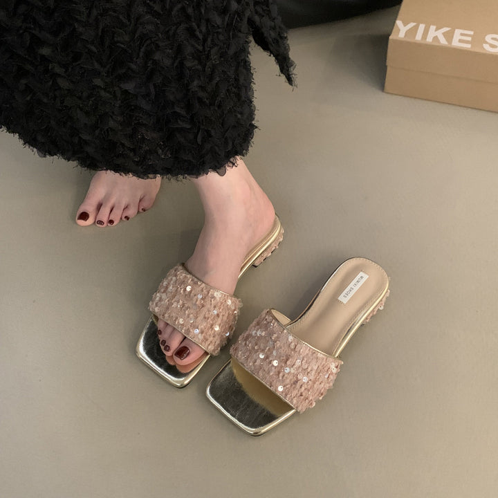 Femme Sparkling Slide Heels med Chunky Glitter Remme Stilla