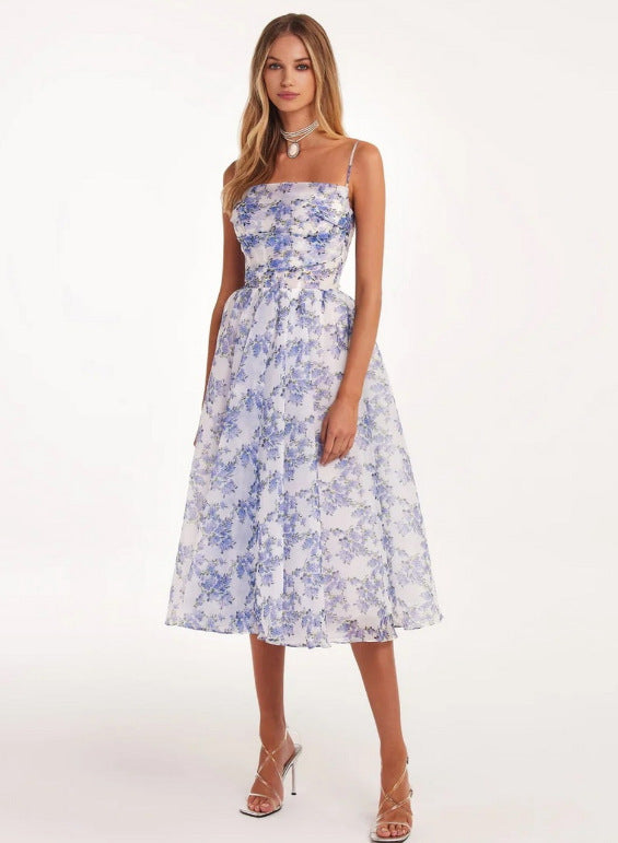 Dame midi-kjole med elegant blomsterdesign og skulderfri top Stilla