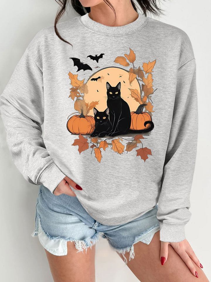 Dame sweatshirt med efterårs kat og græskar design Stilla