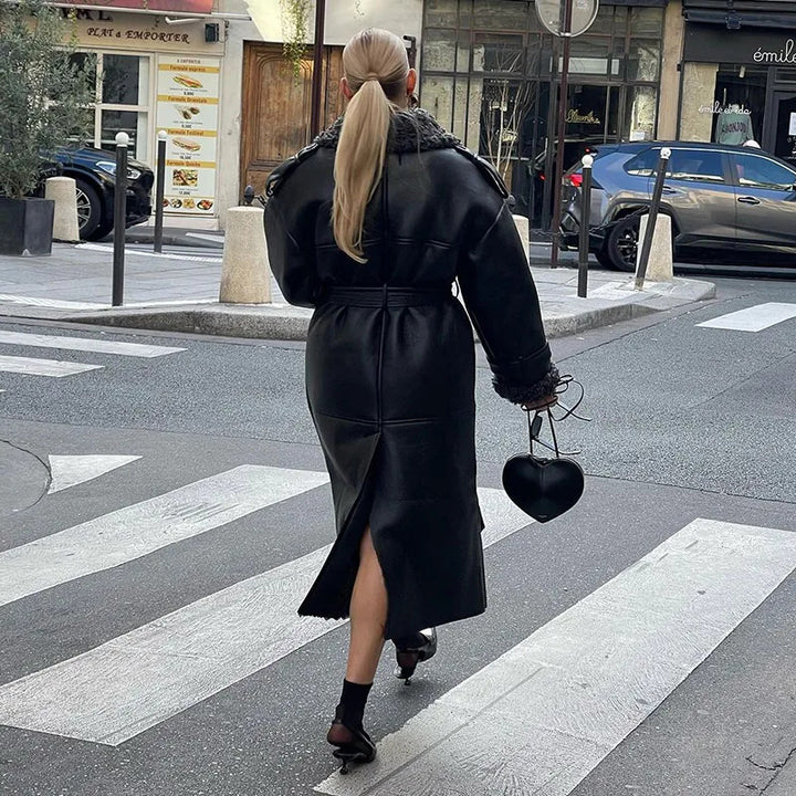 Dame Oversize Kunstlæderjakke med aftagelig krave og bælte Stilla