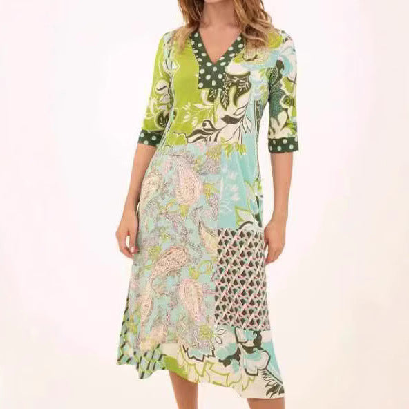 Damekjole i patchwork-stil med V-hals og 3/4-ærmer Stiila