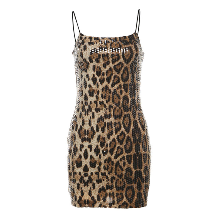 Dame Glitrende Minikjole med Leopardmønster og Spaghetti-stropper Skovae