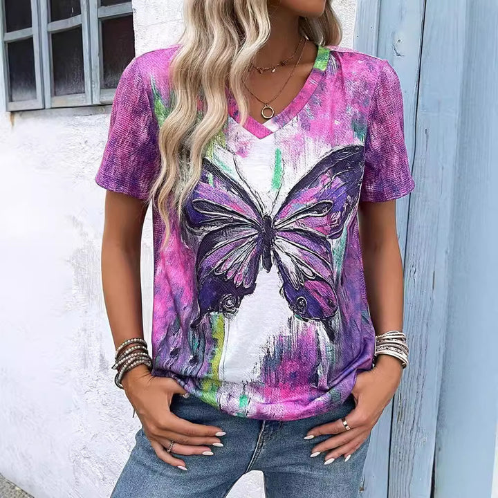 Dame V-hals T-shirt med kunstnerisk sommerfugletryk og afslappet pasform Stilla