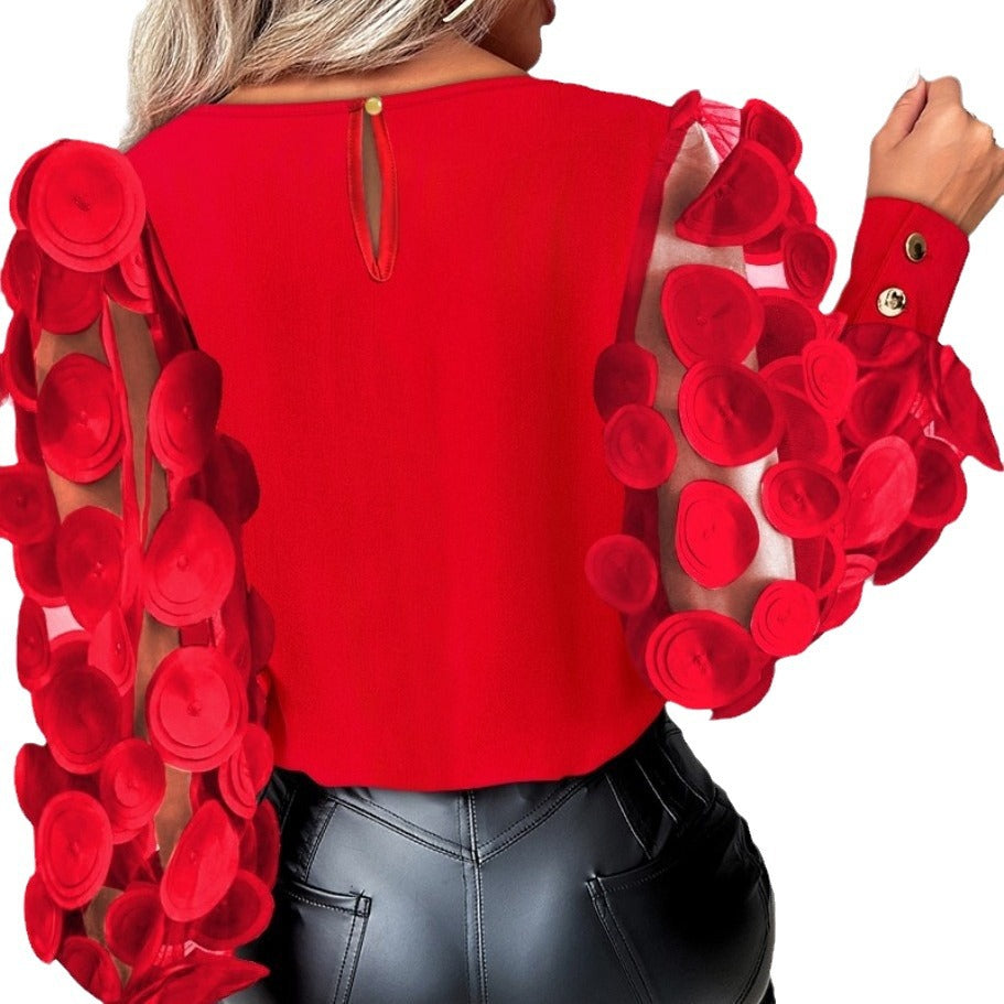 Dame Elegant Bluse med gennemsigtige ærmer og Pompoms Stilla