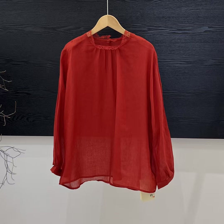 Femme Elegante Gennemsigtig Langærmet Bluse med Spidsapplikationer Stilla