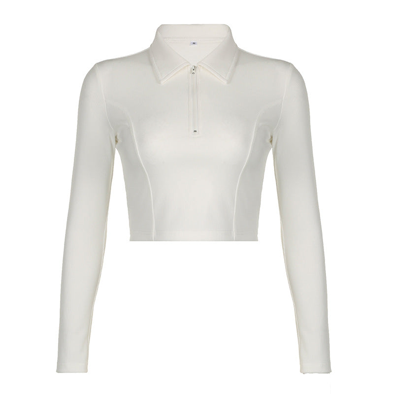 Dame langærmet cropped polo skjorte med blødt strukturmateriale Skovae