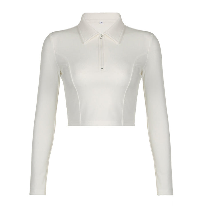 Dame langærmet cropped polo skjorte med blødt strukturmateriale Skovae