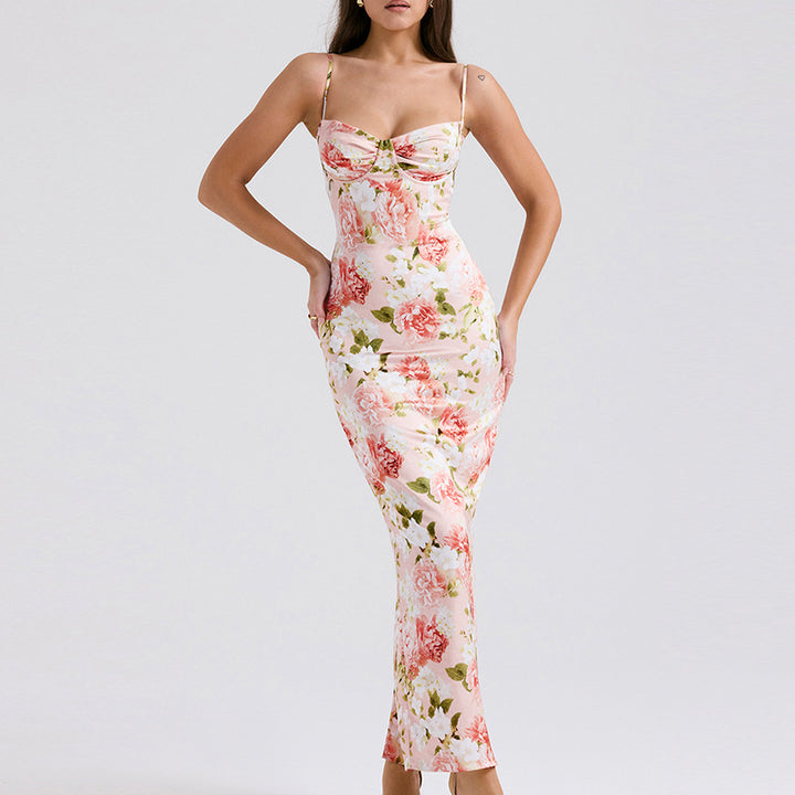 Dame bodycon maxi kjole med blomsteraccenter og justerbare spaghetti stropper