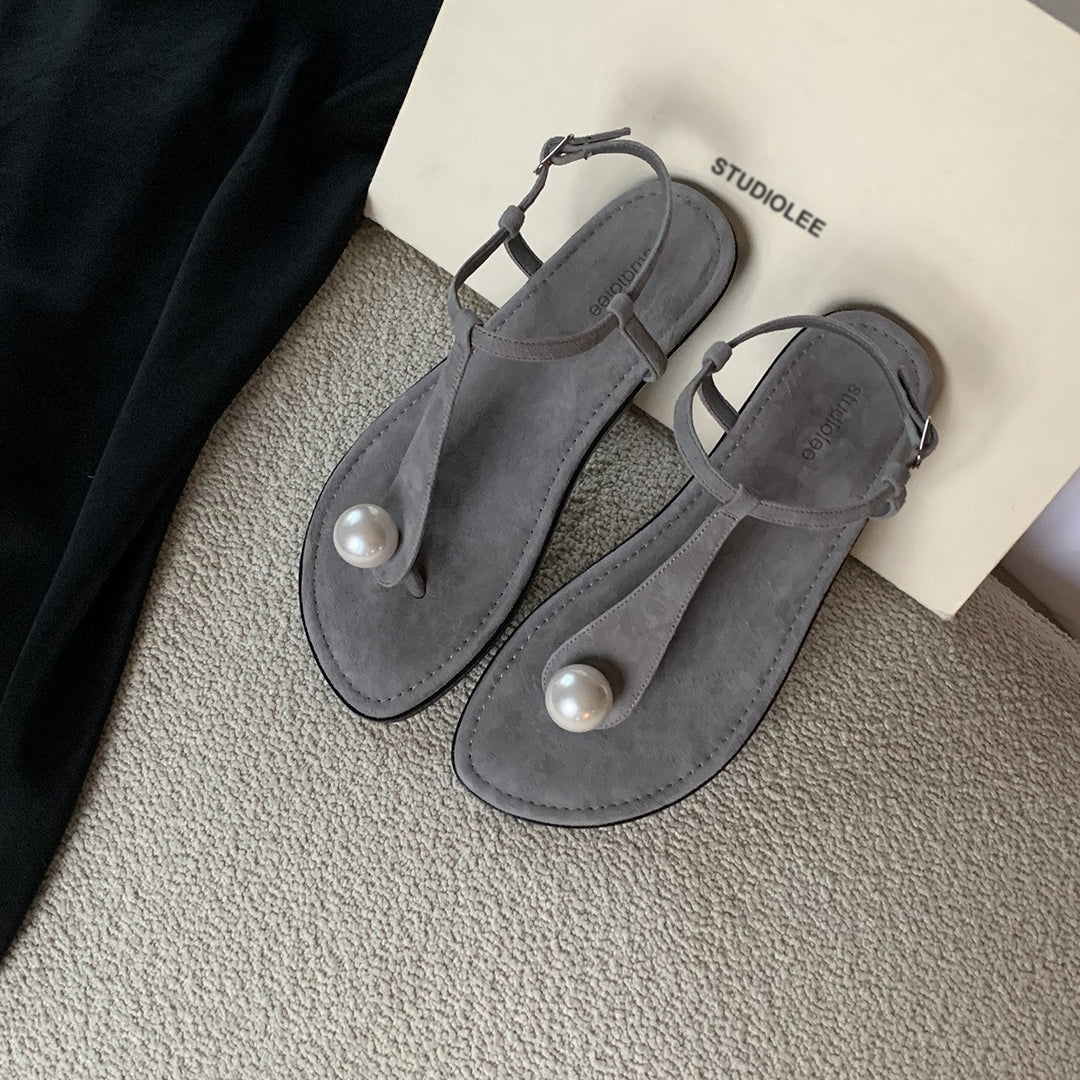 Dame perleprydede T-strop flade sandaler Stilla