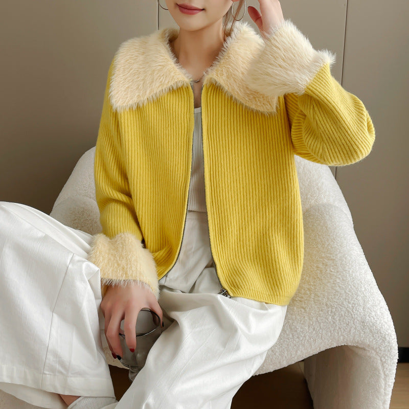 Kvinders cardigan med luksuriøs faux fur krave og ribbet tekstur Stilla