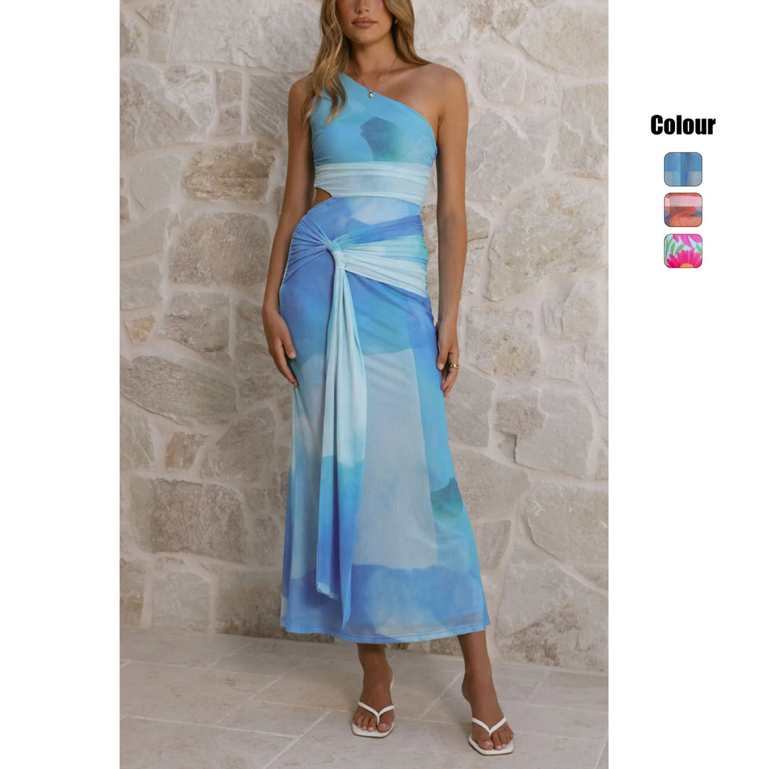 Women’s wrap maxi dress with asymmetric strap and floral accents Skovae