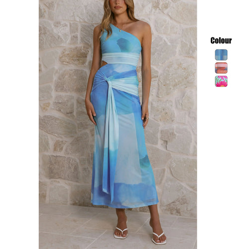 Women’s wrap maxi dress with asymmetric strap and floral accents Skovae