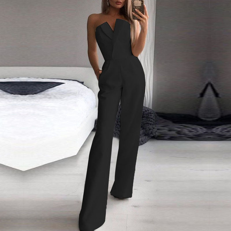 Dame Elegant Jumpsuit med tragtformet U-hals og bredt ben Stilla