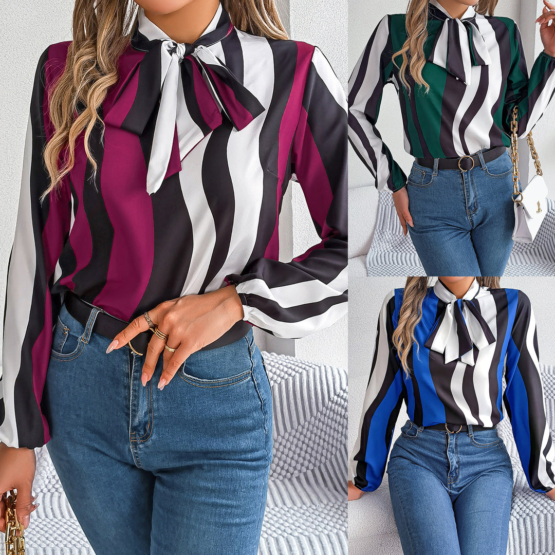 Dame Elegant Bluse med Sløjfe Krave og moderne Stribemønster Stilla