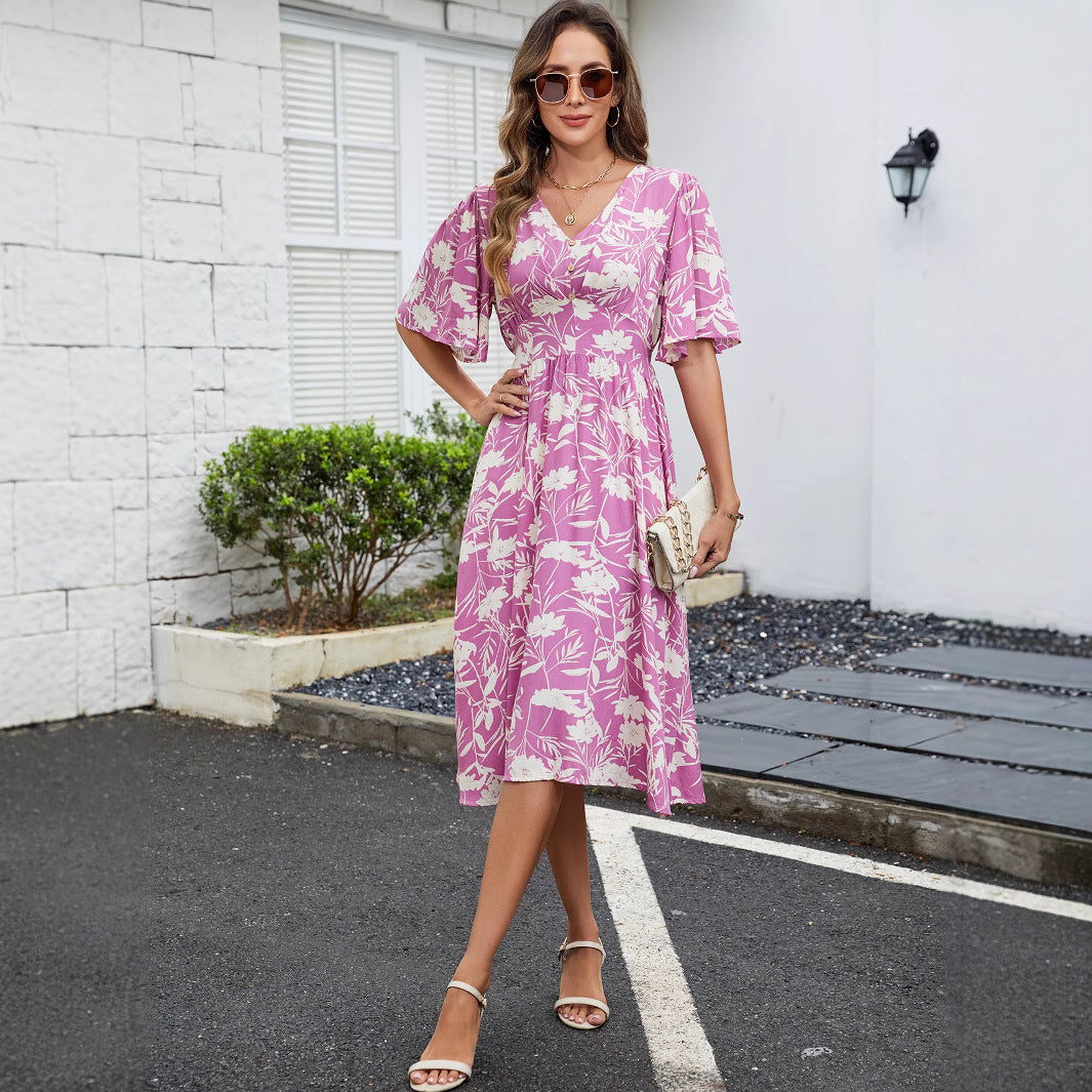 Dame Sommer Blomster Wrap Kjole Stilla