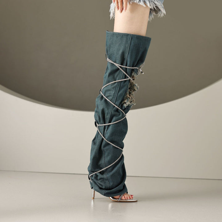 Dame Over-knæet Denim Støvler med dekorativ snøring og skulpturelt design Stilla