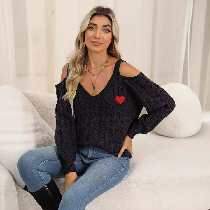 Dame strikpullover med trendy cut-out ærmer og hjerteapplikation Stilla