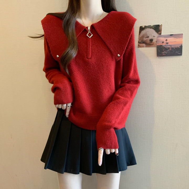 Kvinders strikket sweater med dekorativ krave og lynlås Stilla