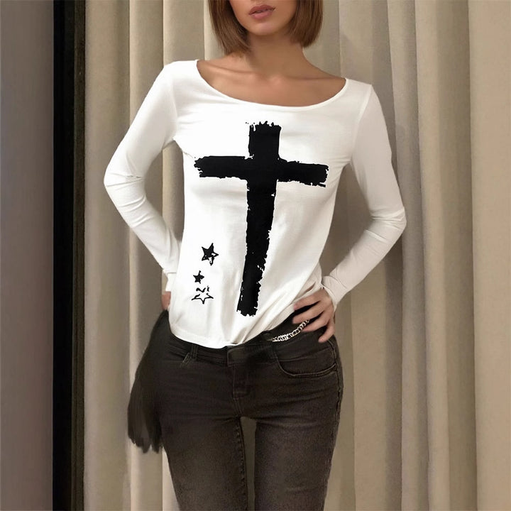 Damer Langærmet T-shirt med kreativt motiv og rund halsudskæring Skovae