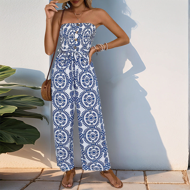 Dame strapless jumpsuit med bred ben og blomsterprint Stilla