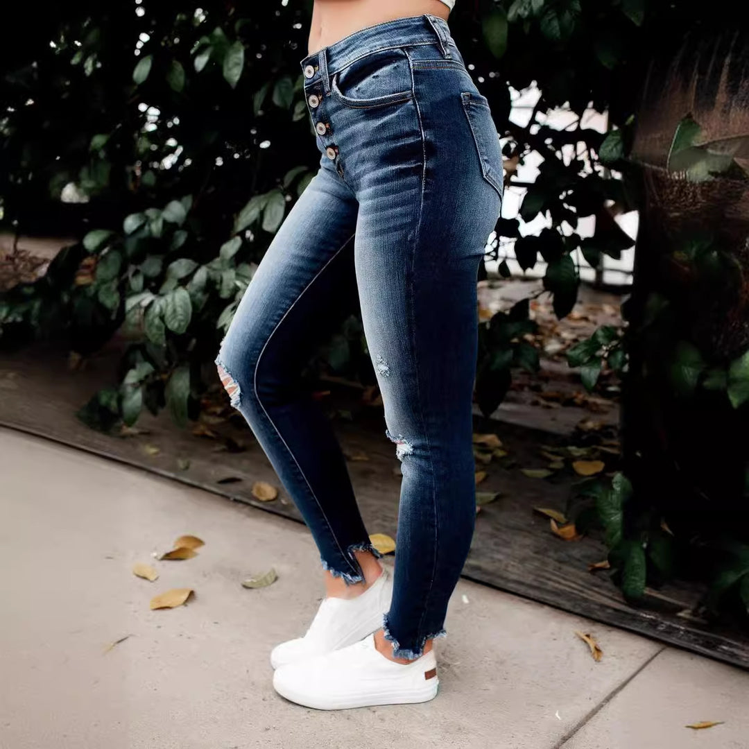 Dame Ripped Skinny Jeans med høje knapper og frynsed kant Stilla