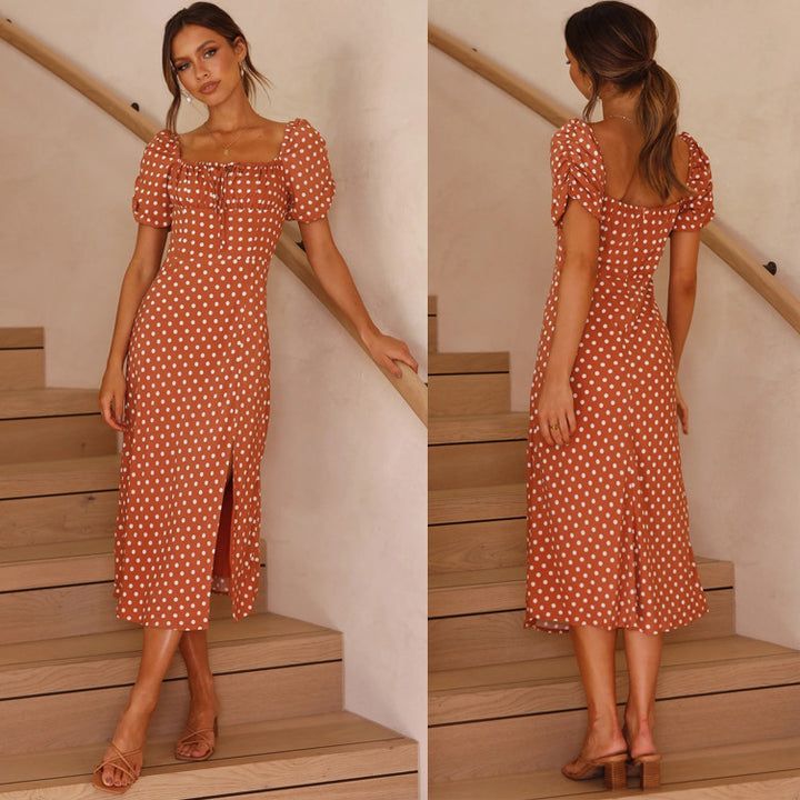 Femme Elegante Polka Dot Midi Kjole med Puffærmer Stilla