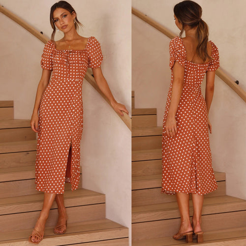 Femme Elegante Polka Dot Midi Kjole med Puffærmer Stilla