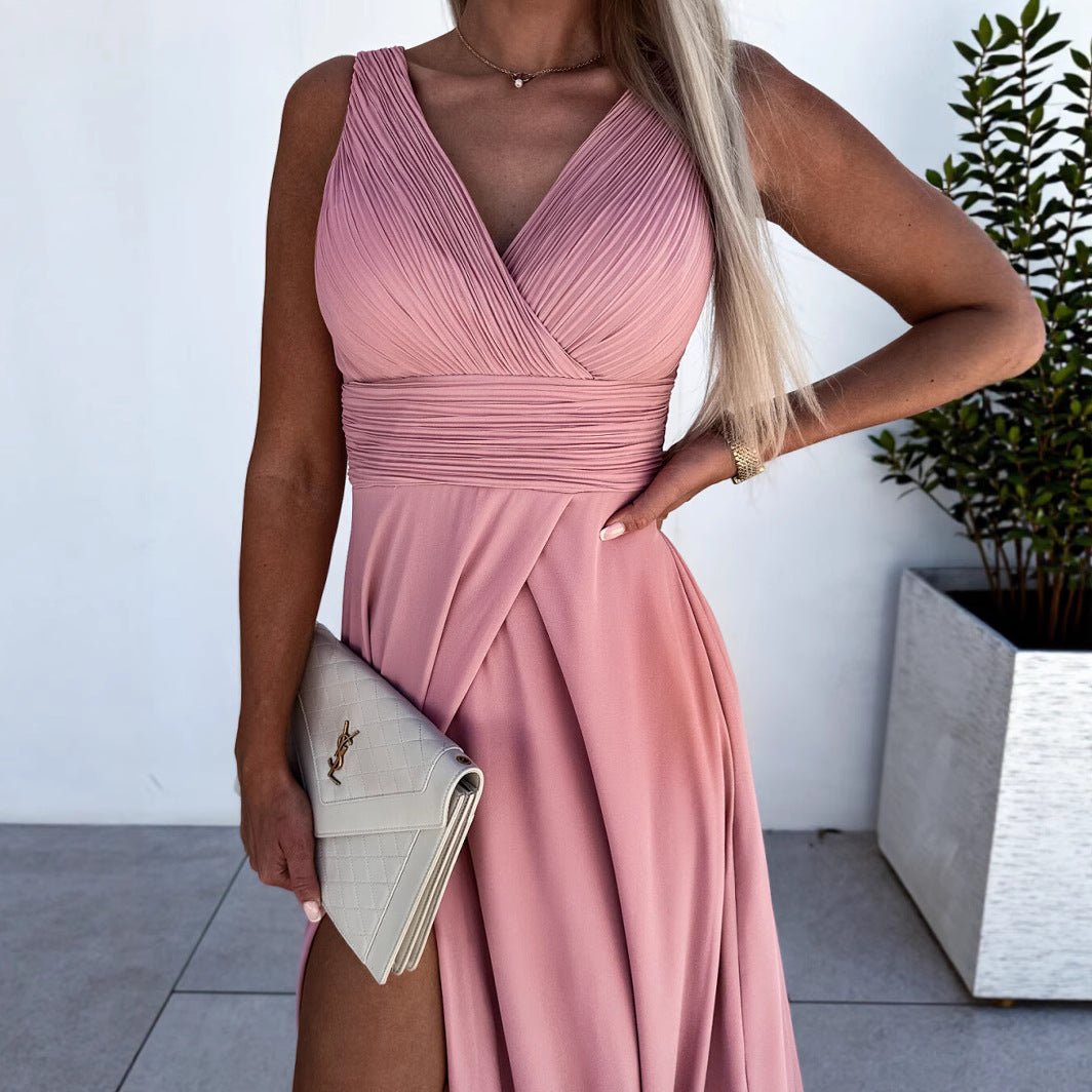 Dame elegant maxikjole med dyb slids og omslag detalje Stilla