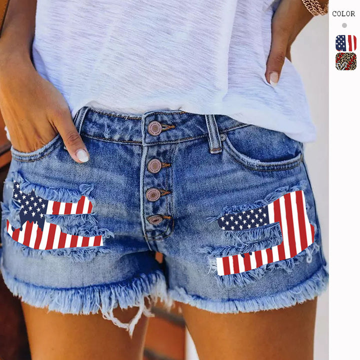 Kvindernes jeans shorts med vintage stil og flagmotiv applikationer Stilla