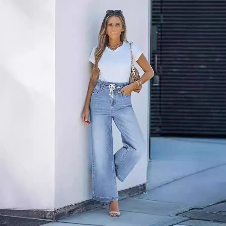 Dame Høj Skåret Løs Passet Jeans med Elastisk Taljebånd Stilla