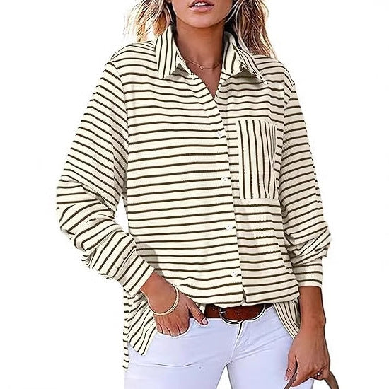 Damer Casual Stribet Bluse med Lomme og Knapstolpe Stilla