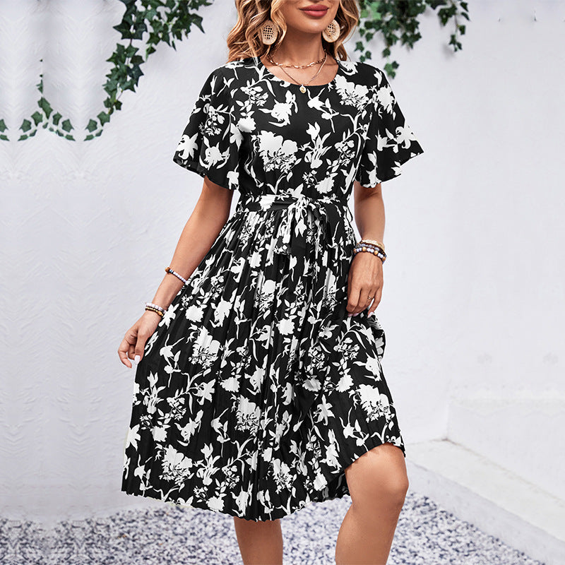 Dame Floral Print Bindebælte Midi Kjole Stilla
