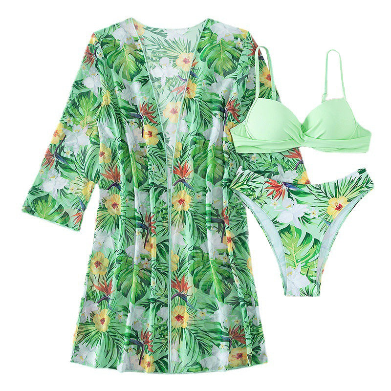 Dame bikiniset med blomster kimono og bindebånd Stilla