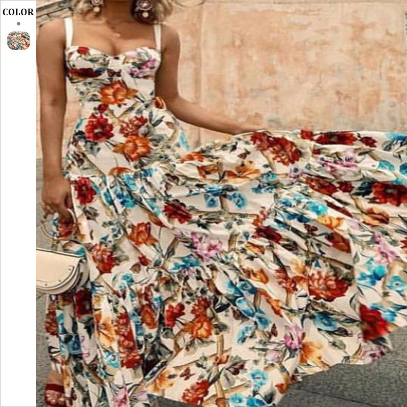 Dame Maxikjole med floral design og voluminøst skørt Stilla