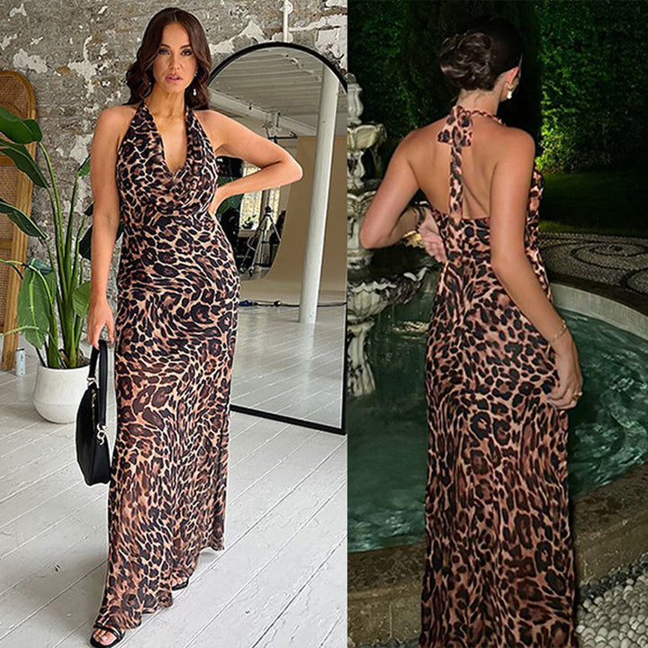 Dame Elegant Maxikjole med Halterneck-design i Leopardprint Stilla