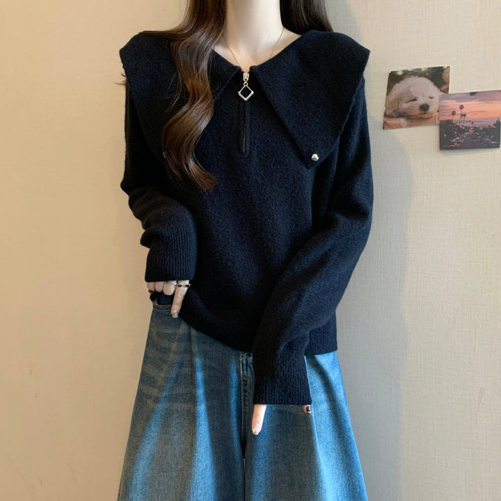 Kvinders strikket sweater med dekorativ krave og lynlås Stilla