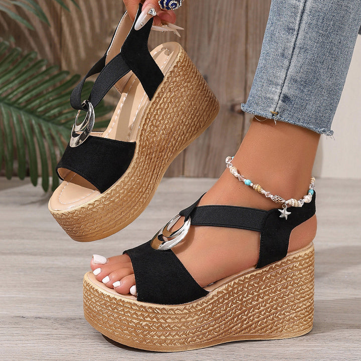 Dame nan Plateau sandalette i retro stil med jute-udseende, dekorativ metal ornament og elastisk hælrem Skovae