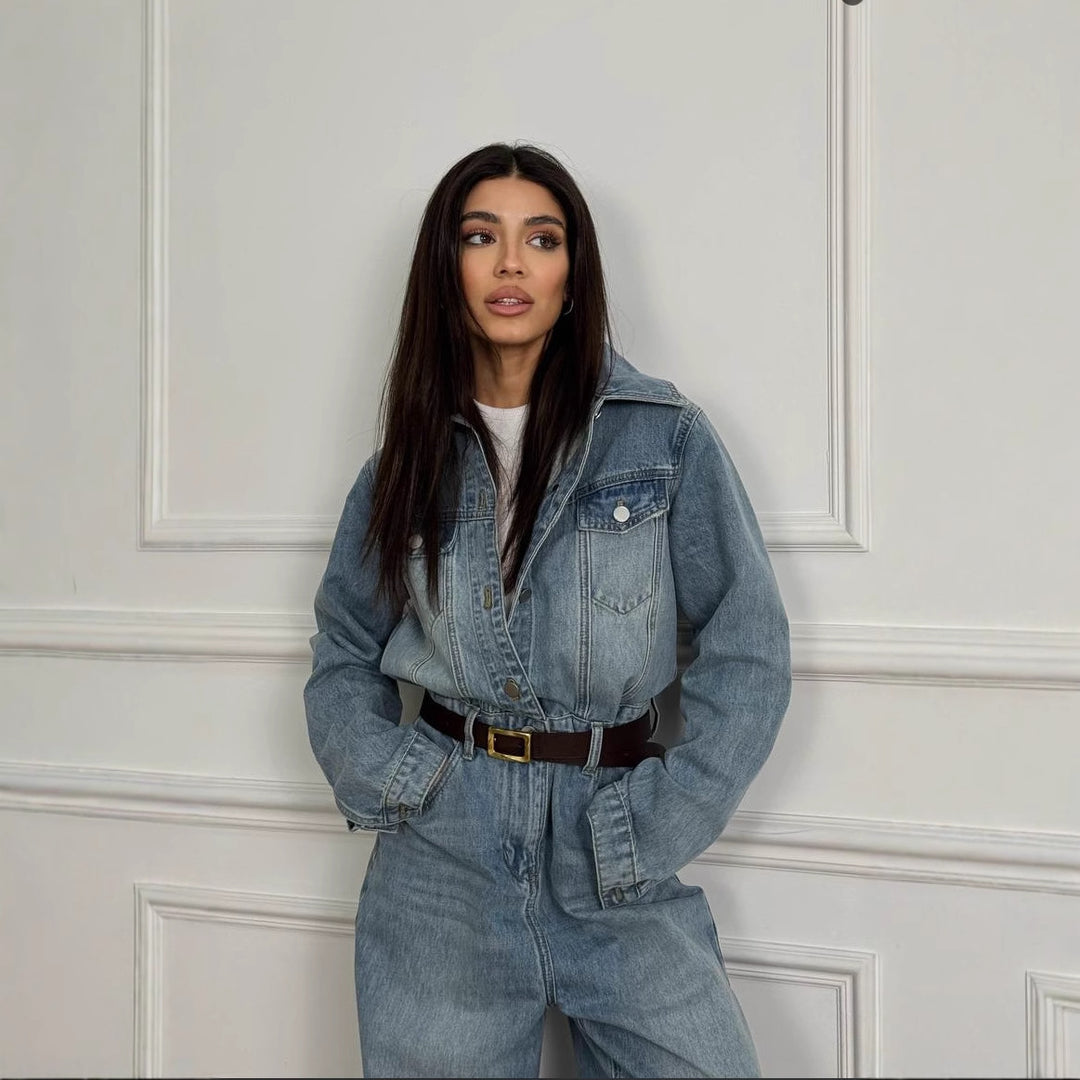 Kvinders denim jumpsuit med justerbart bælte og bred bukseben Stilla