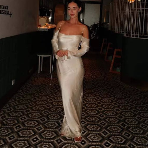 Dame Elegant Satin Langkjole med Off-Shoulder Ærmer Stilla