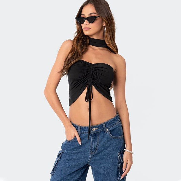 Kvinders crop top med sofistikerede flæsedetaljer og bindebånd Stilla