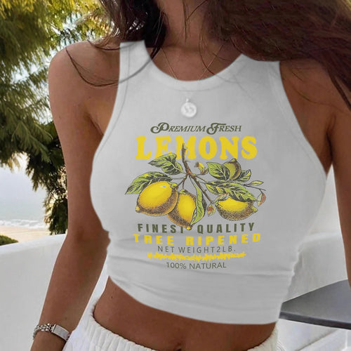 Dame Crop-Top med friskt citronmotiv og afslappet skæring Skovae