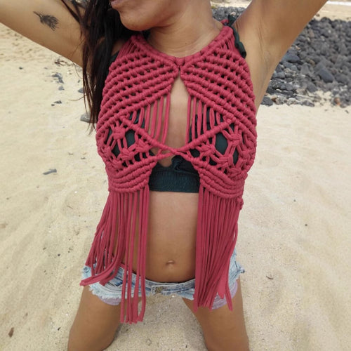 Dame Makramee Top i Boho-stil med frynser Stilla
