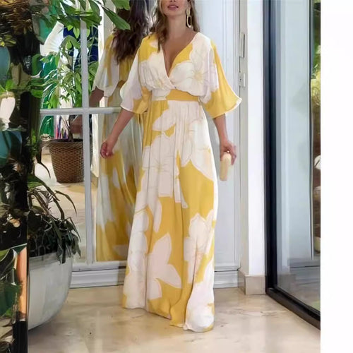 Dame Maxikjole med v imponerende blomsterdesign Stilla