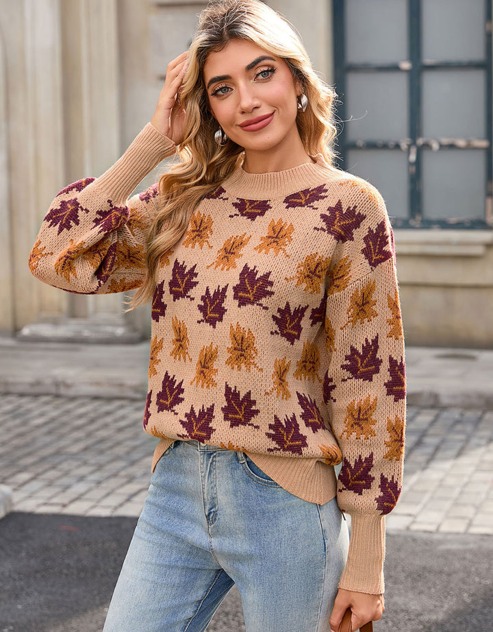 Damens strikket sweater med efterårsblad design Stilla